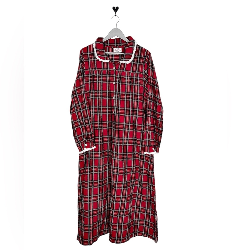 Lanz of Salzburg red‎ plaid flannel nightgown size Large eyelet trim Christmas